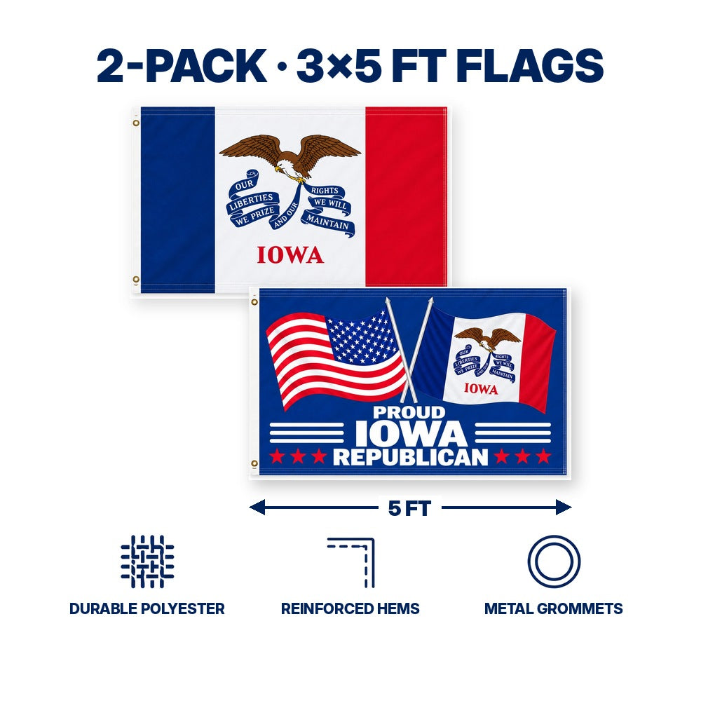 Iowa State Flag and Proud Iowa Republican Flag 3x5 2-Pack features and size details