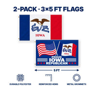 Iowa State Flag and Proud Iowa Republican Flag 3x5 2-Pack features and size details