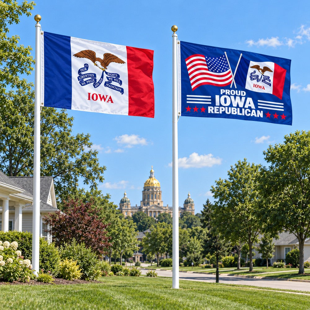 Iowa State Flag and Proud Iowa Republican Flag 3x5 2-Pack displayed outdoors