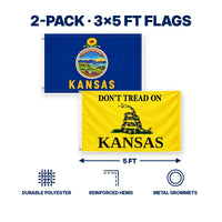 Kansas State Flag and Don't Tread on Kansas Flag 3x5 2-Pack features and size details