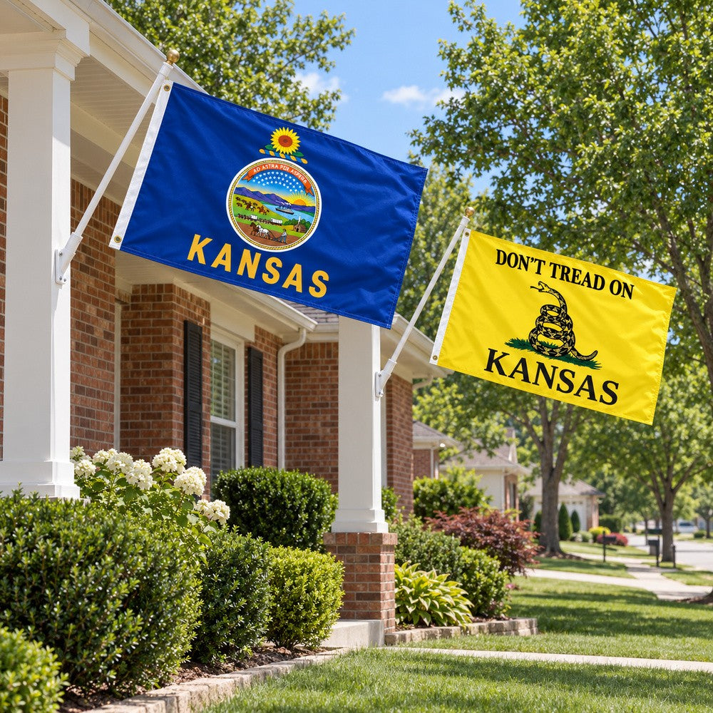 Kansas State Flag and Don't Tread on Kansas Flag 3x5 2-Pack displayed outdoors