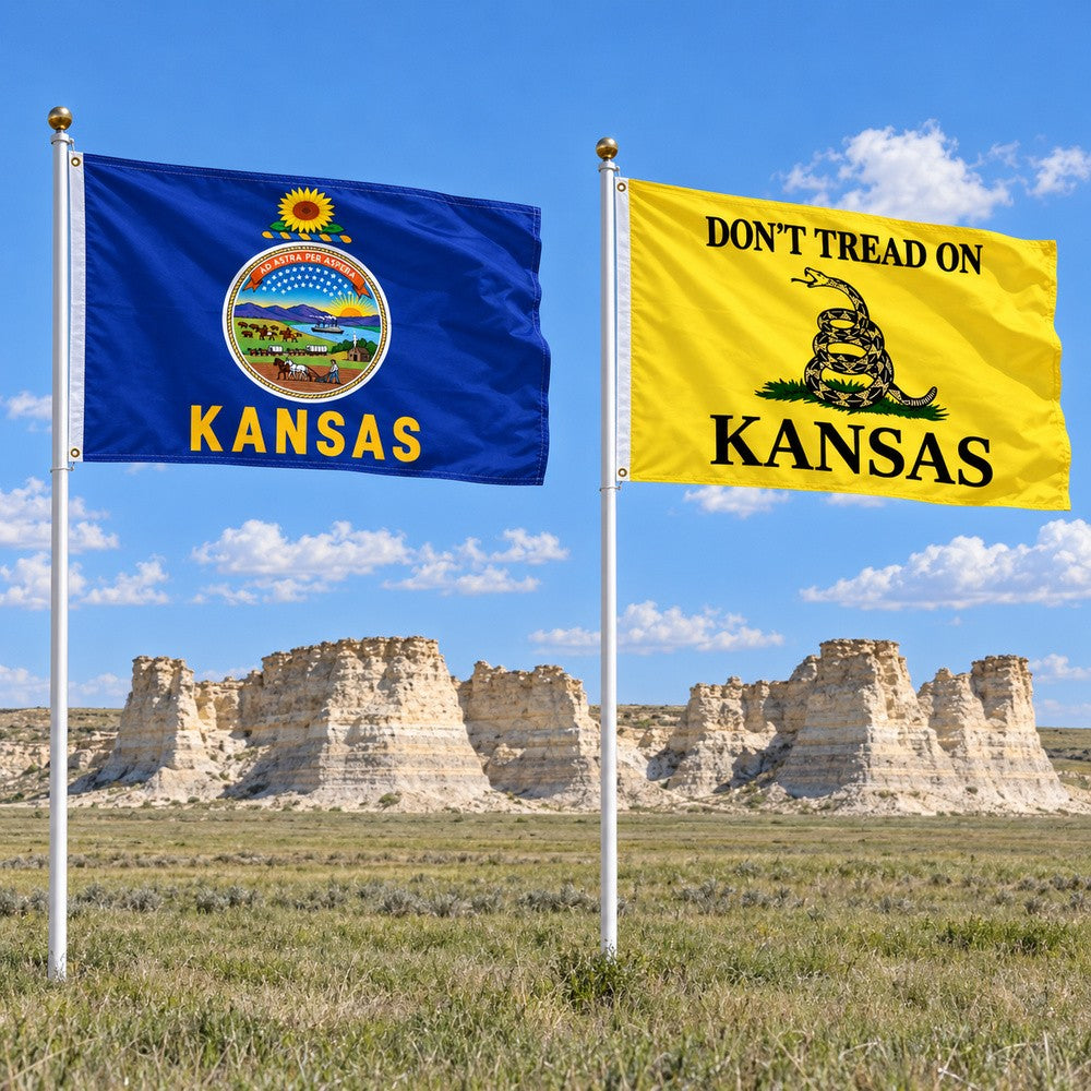Kansas State Flag and Don't Tread on Kansas Flag 3x5 2-Pack displayed outdoors