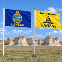 Kansas State Flag and Don't Tread on Kansas Flag 3x5 2-Pack displayed outdoors