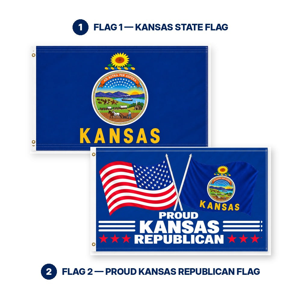 Kansas State Flag and Proud Kansas Republican Flag 3x5 2-Pack features and size details