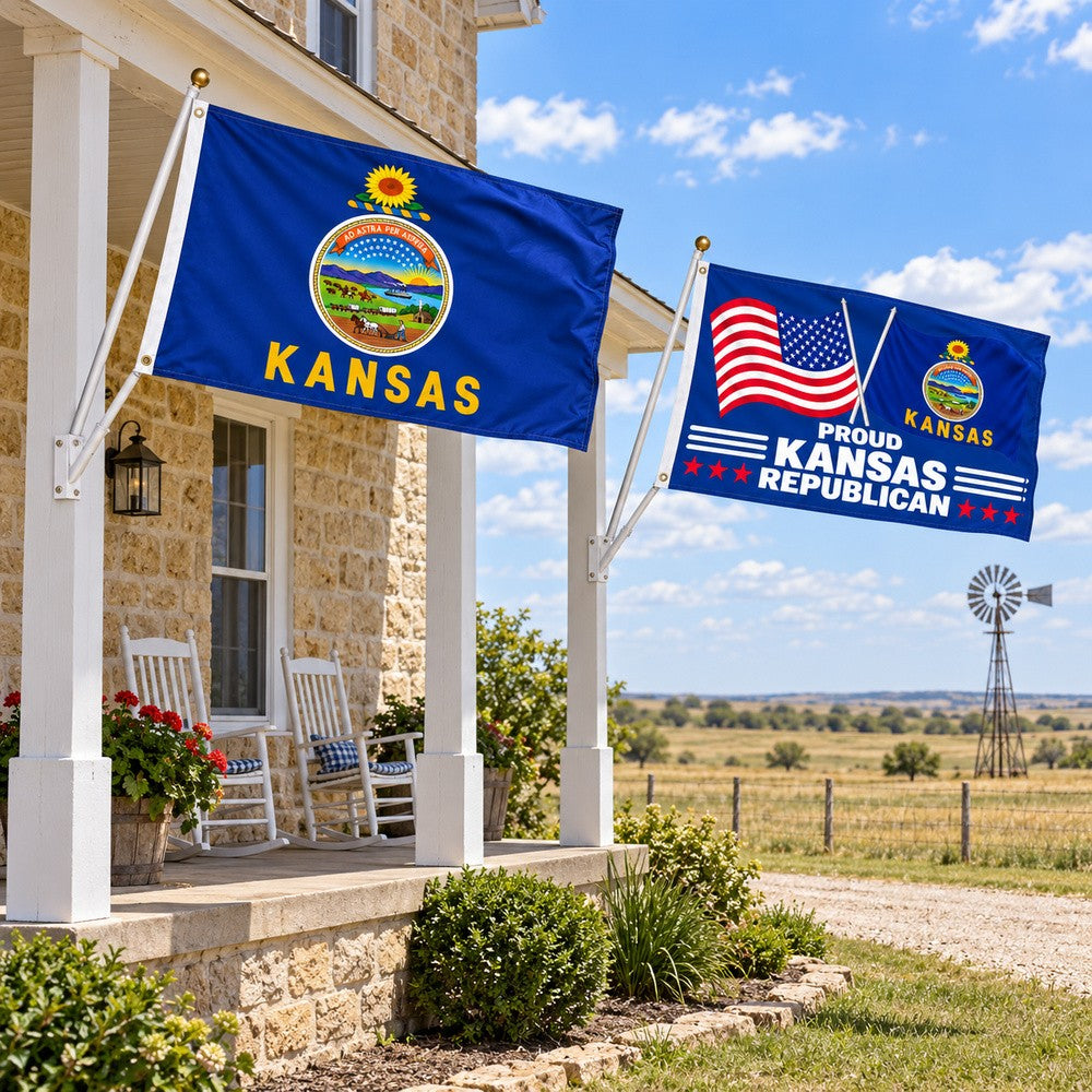 Kansas State Flag and Proud Kansas Republican Flag 3x5 2-Pack displayed outdoors