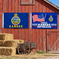 Kansas State Flag and Proud Kansas Republican Flag 3x5 2-Pack displayed outdoors