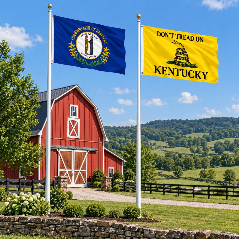 Kentucky State Flag and Don't Tread on Kentucky Flag 3x5 2-Pack displayed outdoors