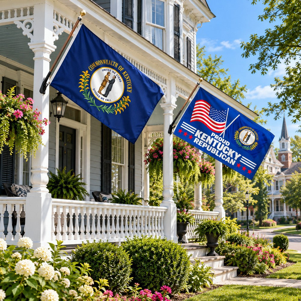 Kentucky State Flag and Proud Kentucky Republican Flag 3x5 2-Pack displayed outdoors