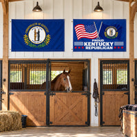 Kentucky State Flag and Proud Kentucky Republican Flag 3x5 2-Pack displayed outdoors
