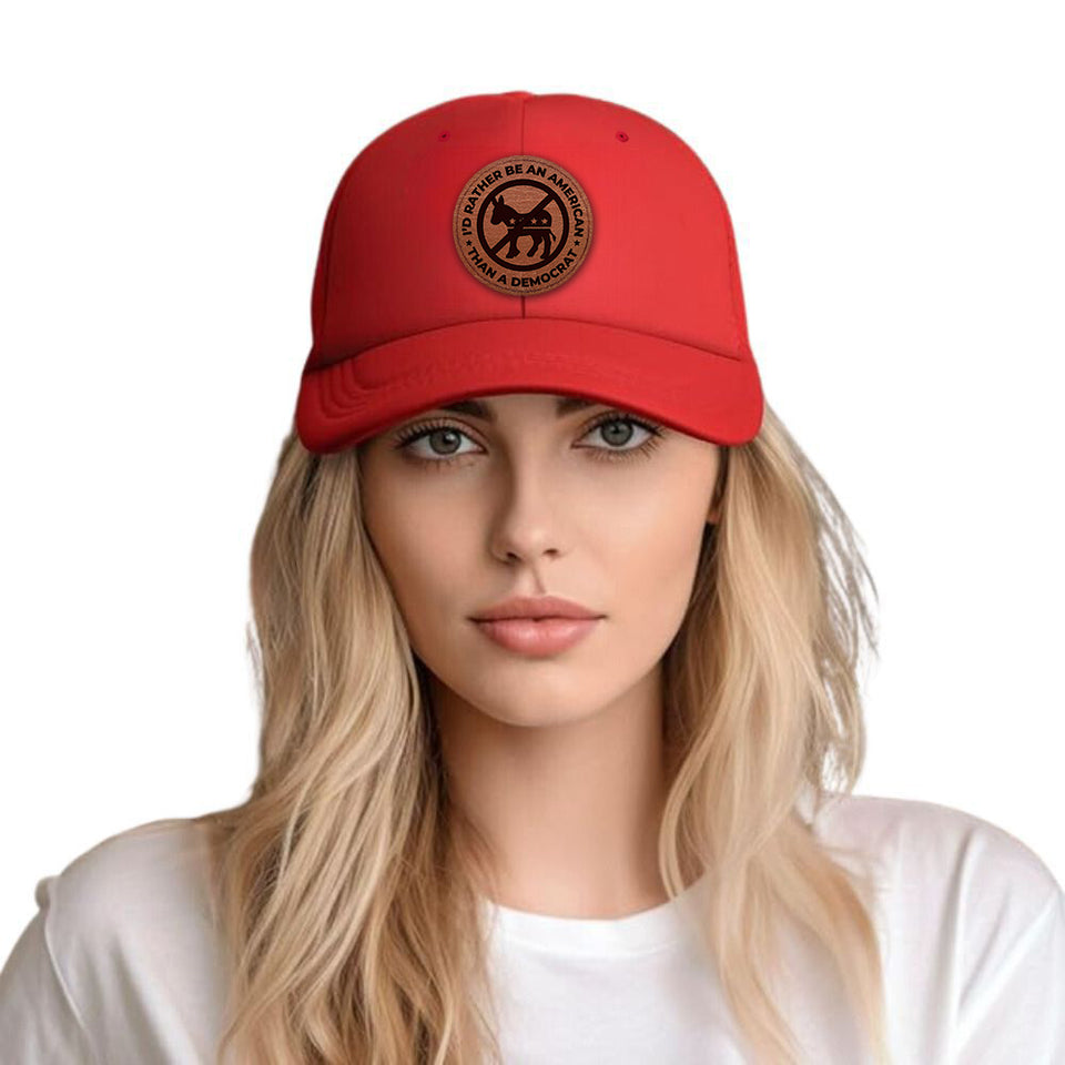 I'd Rather Be an American than a Democrat Red Hat with Tan Circle Patch, Trump 2024