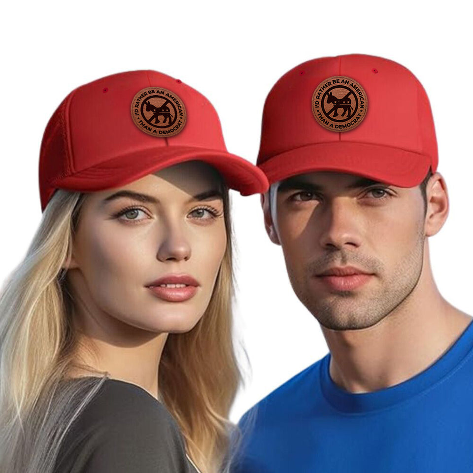 I'd Rather Be an American than a Democrat Red Hat with Tan Circle Patch, Trump 2024
