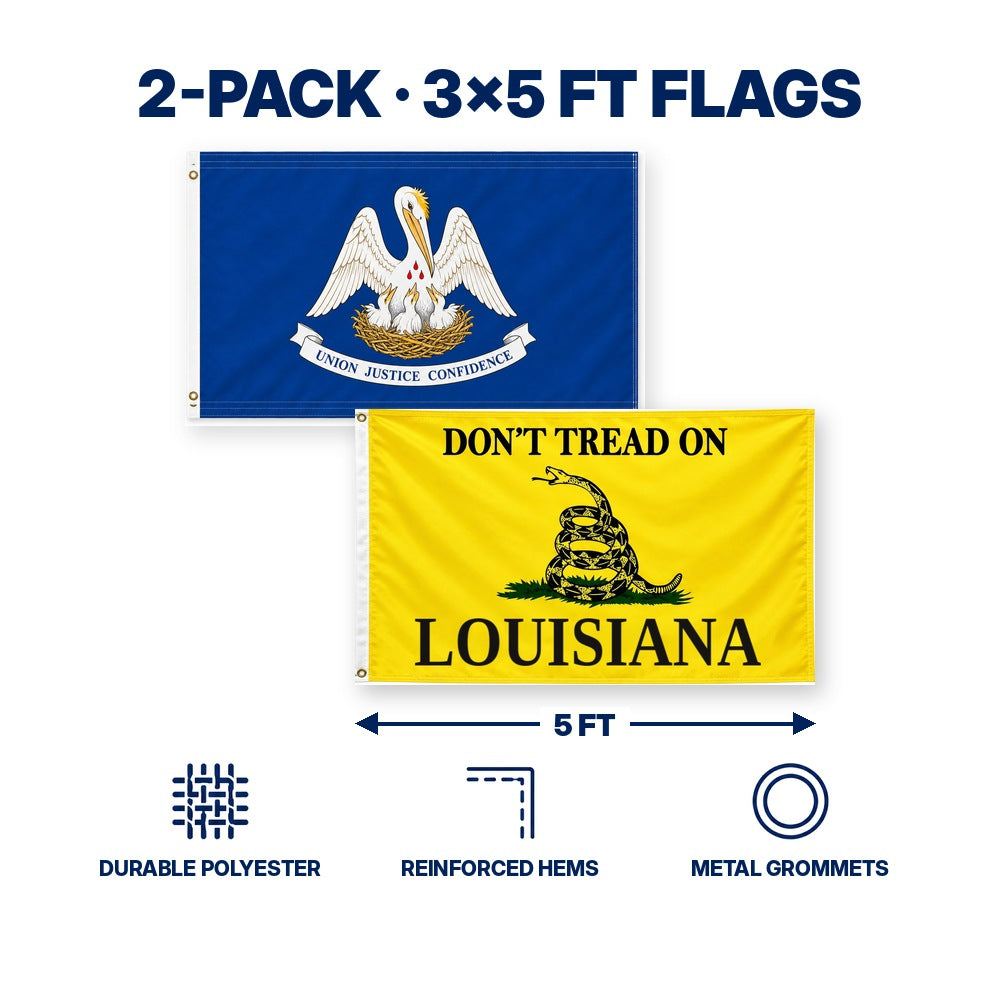 Louisiana State Flag and Don't Tread on Louisiana Flag 3x5 2-Pack features and size details