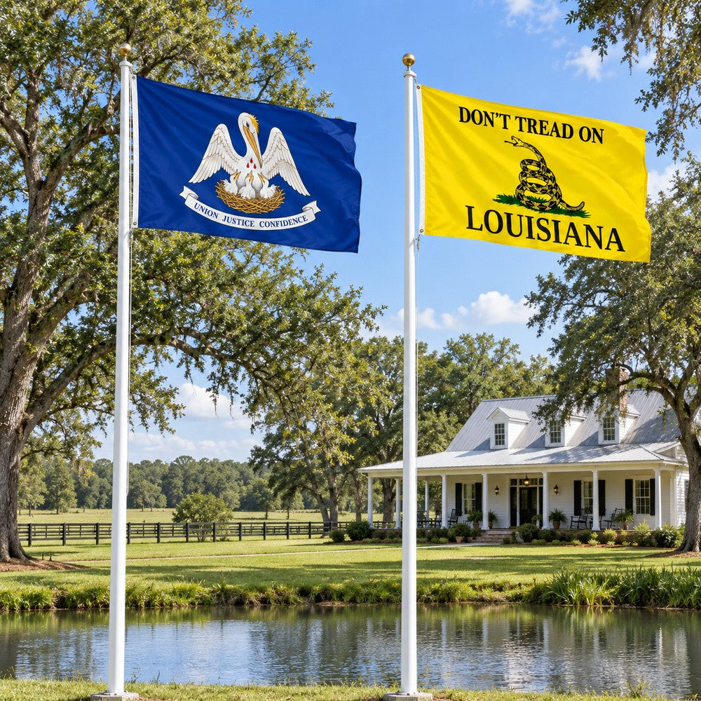 Louisiana State Flag and Don't Tread on Louisiana Flag 3x5 2-Pack displayed outdoors