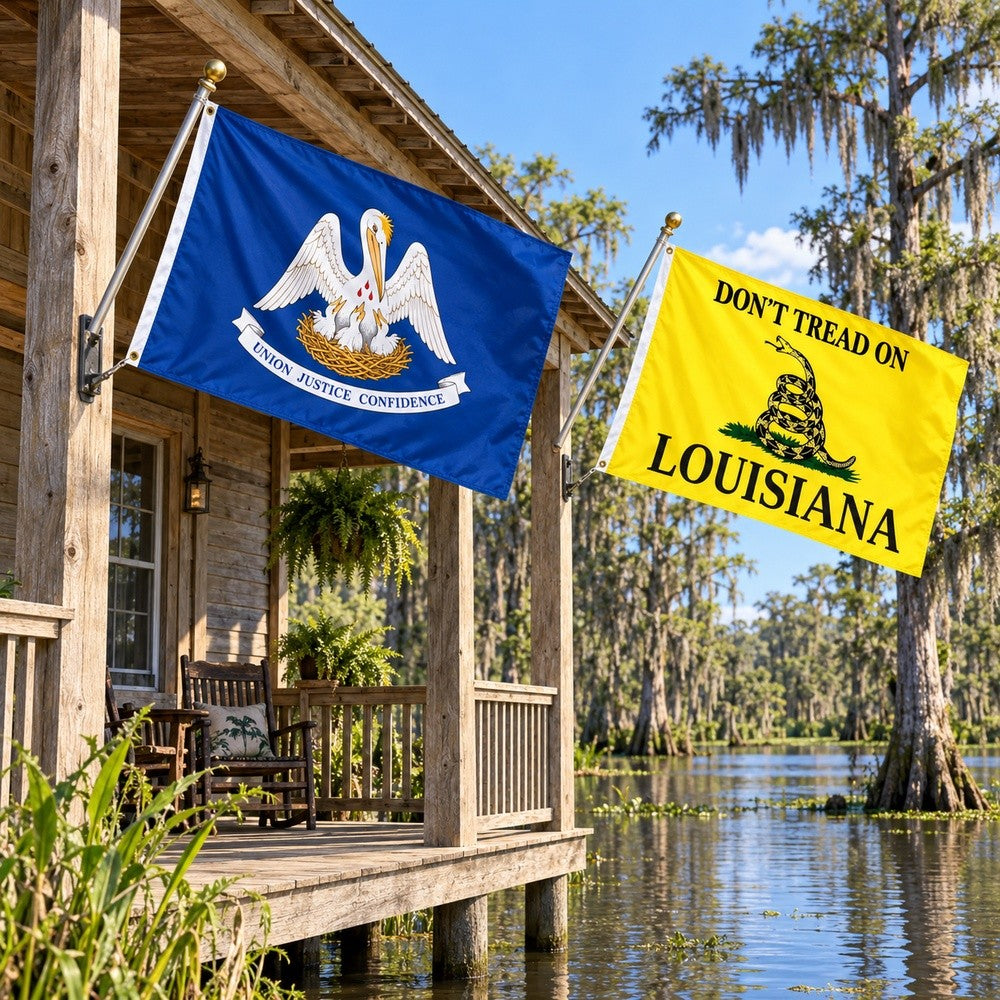 Louisiana State Flag and Don't Tread on Louisiana Flag 3x5 2-Pack displayed outdoors
