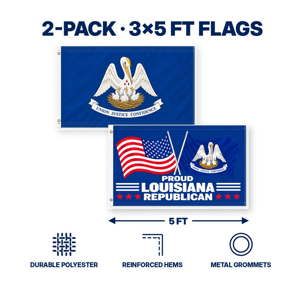 Louisiana State Flag and Proud Louisiana Republican Flag 3x5 2-Pack features and size details