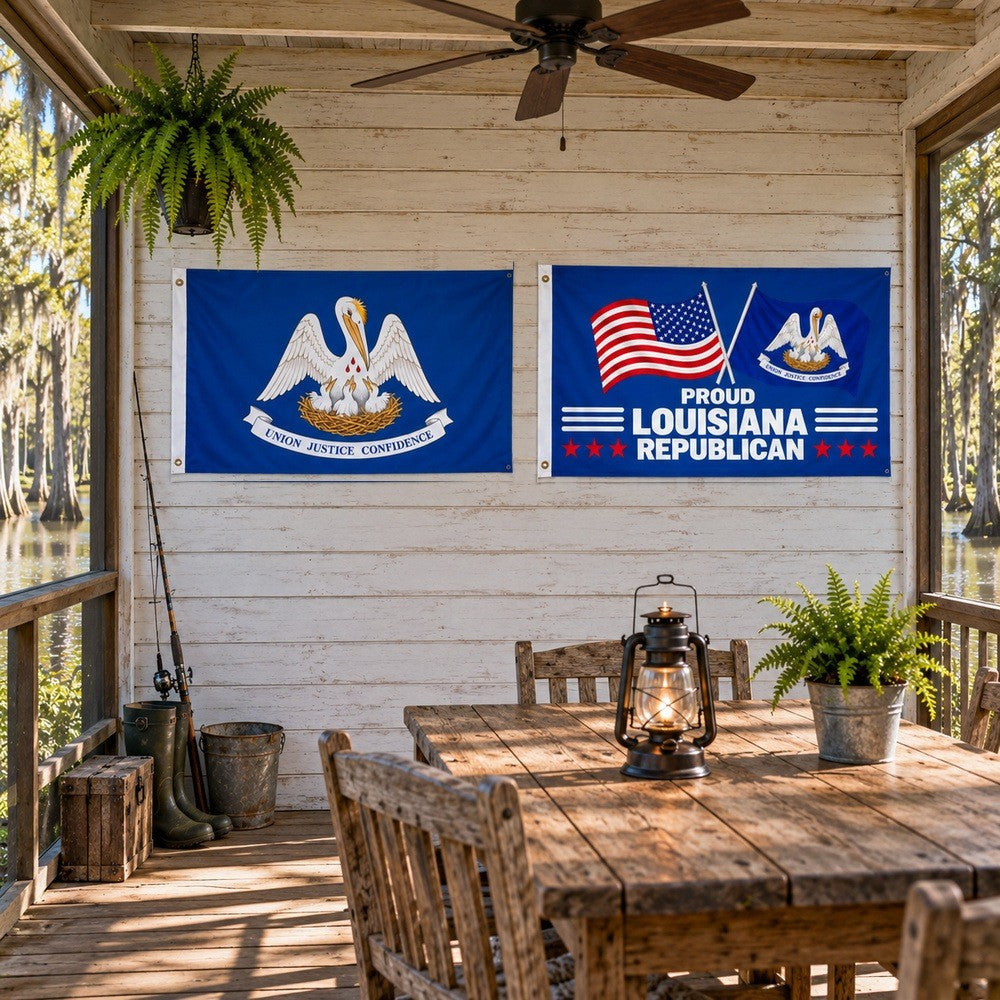 Louisiana State Flag and Proud Louisiana Republican Flag 3x5 2-Pack displayed outdoors