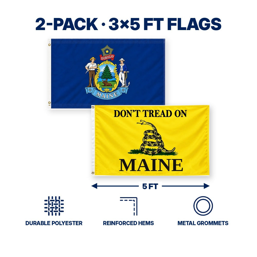 Maine State Flag and Don't Tread on Maine Flag 3x5 2-Pack features and size details
