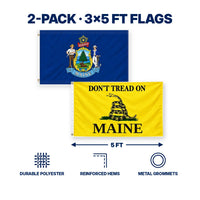 Maine State Flag and Don't Tread on Maine Flag 3x5 2-Pack features and size details