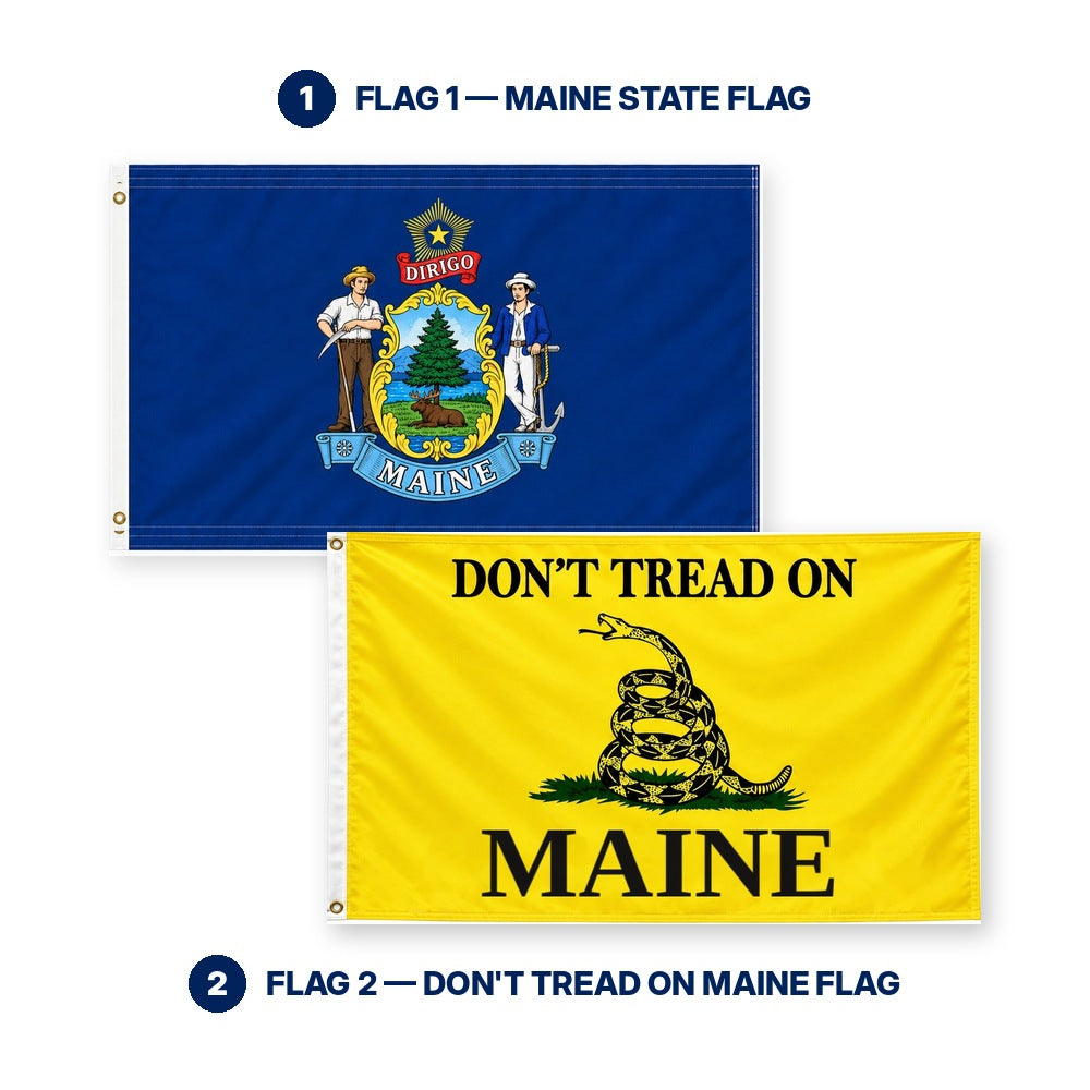 Maine State Flag and Don't Tread on Maine Flag 3x5 2-Pack features and size details