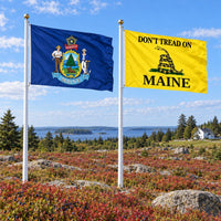 Maine State Flag and Don't Tread on Maine Flag 3x5 2-Pack displayed outdoors