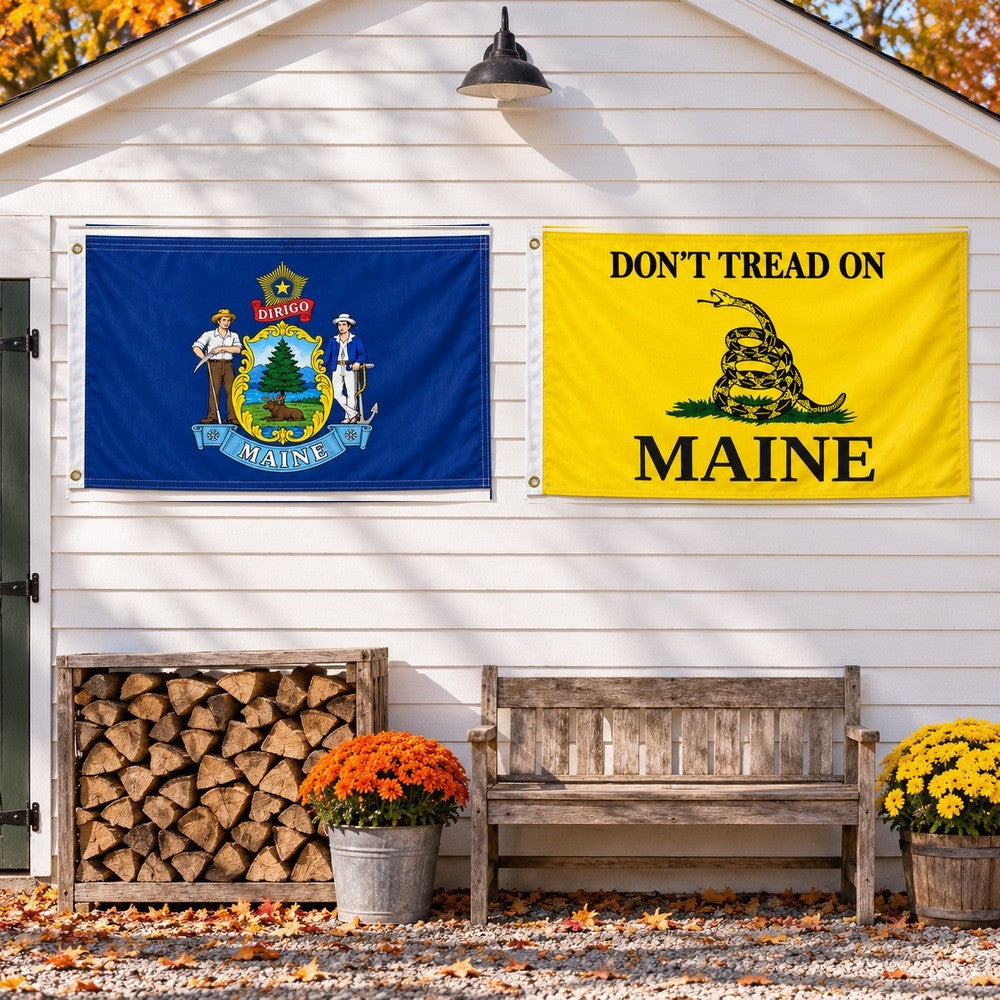 Maine State Flag and Don't Tread on Maine Flag 3x5 2-Pack displayed outdoors