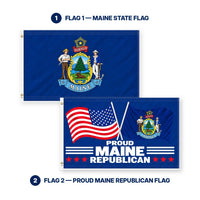 Maine State Flag and Proud Maine Republican Flag 3x5 2-Pack features and size details