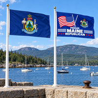 Maine State Flag and Proud Maine Republican Flag 3x5 2-Pack displayed outdoors