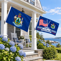 Maine State Flag and Proud Maine Republican Flag 3x5 2-Pack displayed outdoors