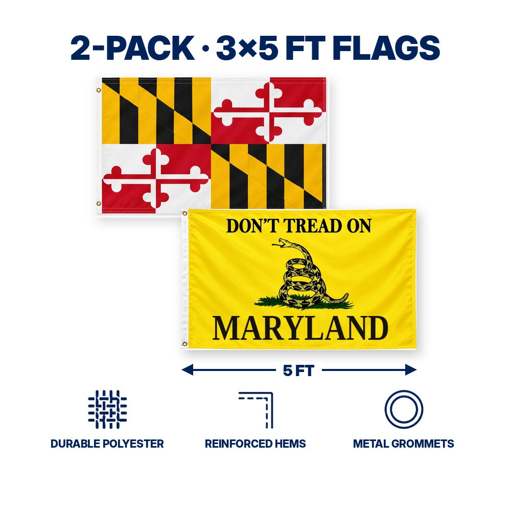 Maryland State Flag and Don't Tread on Maryland Flag 3x5 2-Pack features and size details