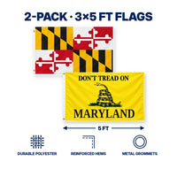 Maryland State Flag and Don't Tread on Maryland Flag 3x5 2-Pack features and size details