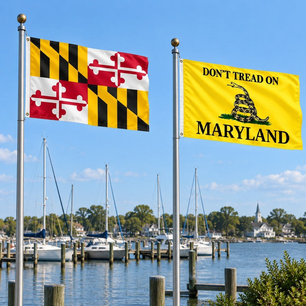 Maryland State Flag and Don't Tread on Maryland Flag 3x5 2-Pack displayed outdoors