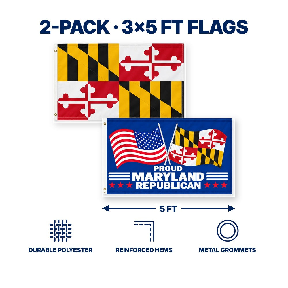 Maryland State Flag and Proud Maryland Republican Flag 3x5 2-Pack features and size details