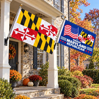 Maryland State Flag and Proud Maryland Republican Flag 3x5 2-Pack displayed outdoors