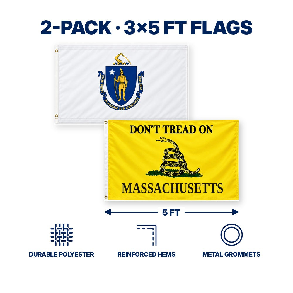 Massachusetts State Flag and Don't Tread on Massachusetts Flag 3x5 2-Pack features and size details