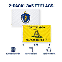 Massachusetts State Flag and Don't Tread on Massachusetts Flag 3x5 2-Pack features and size details