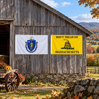 Massachusetts State Flag and Don't Tread on Massachusetts Flag 3x5 2-Pack displayed outdoors
