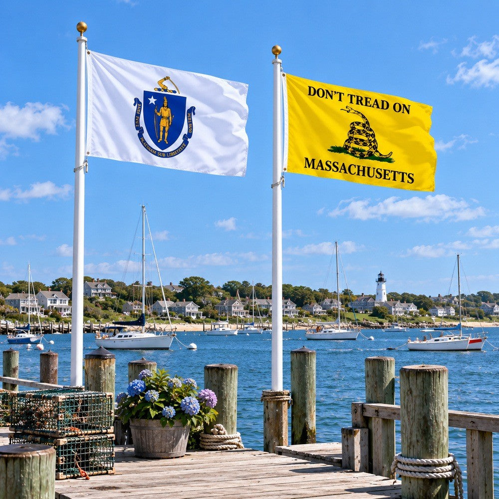 Massachusetts State Flag and Don't Tread on Massachusetts Flag 3x5 2-Pack displayed outdoors