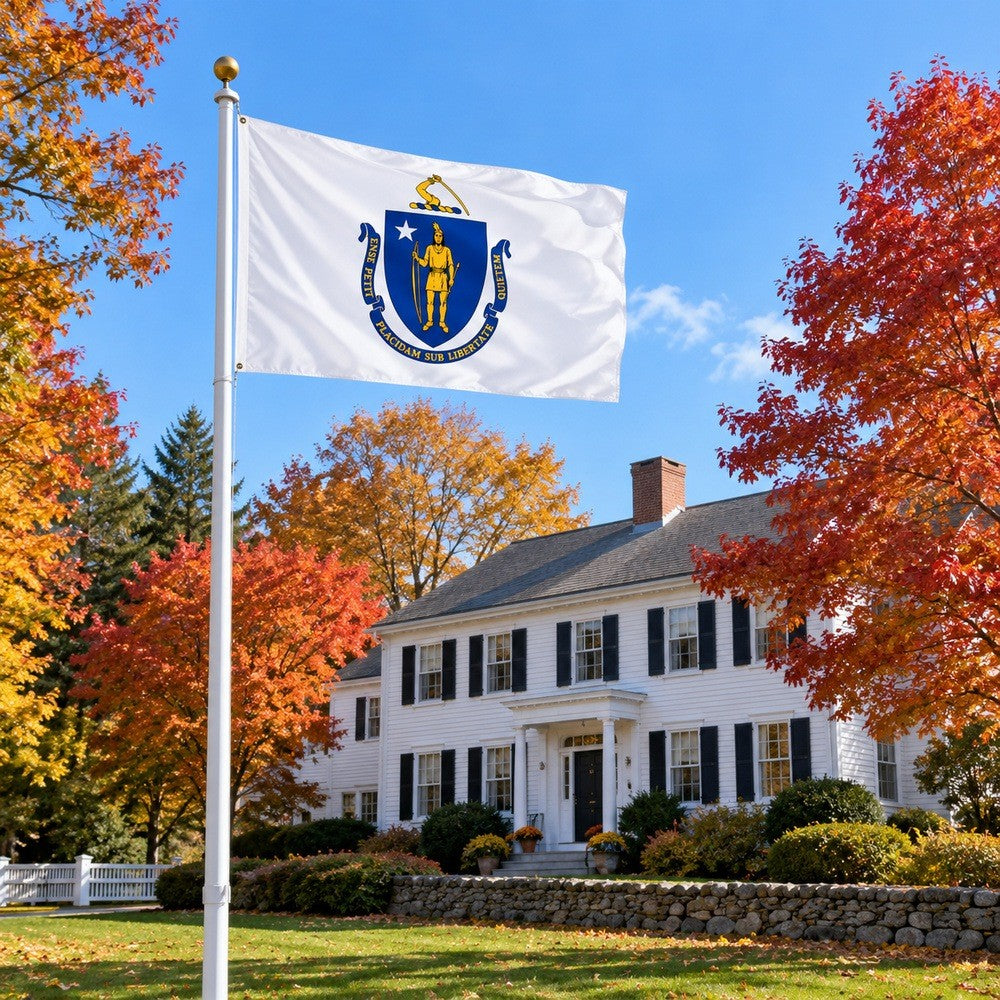 Massachusetts State Flag 3x5 displayed outdoors