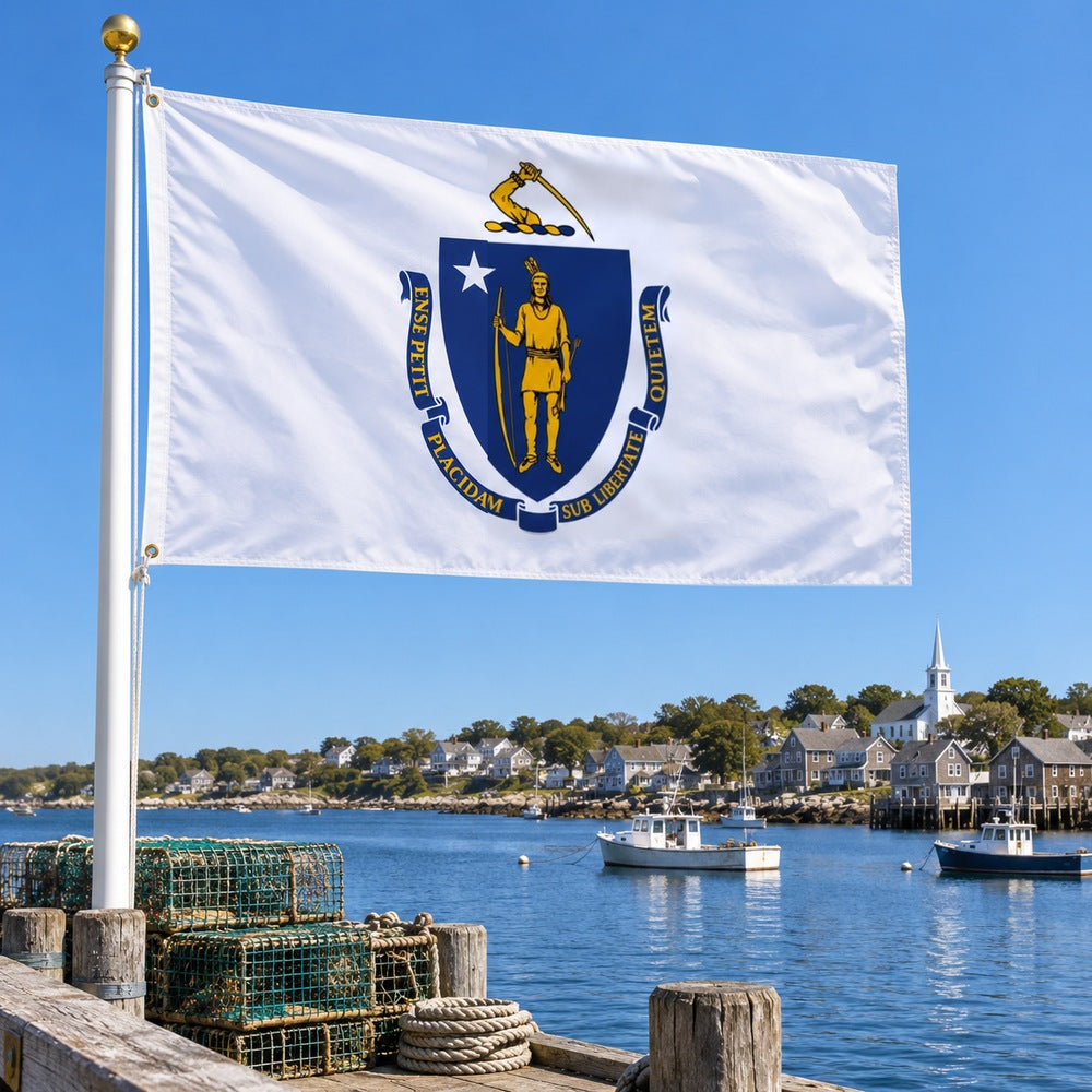 Massachusetts State Flag 3x5 displayed outdoors