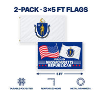 Massachusetts State Flag and Proud Massachusetts Republican Flag 3x5 2-Pack features and size details