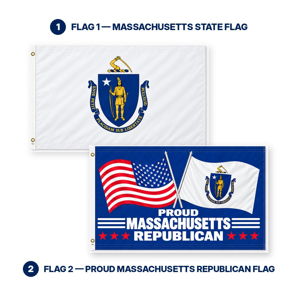 Massachusetts State Flag and Proud Massachusetts Republican Flag 3x5 2-Pack features and size details