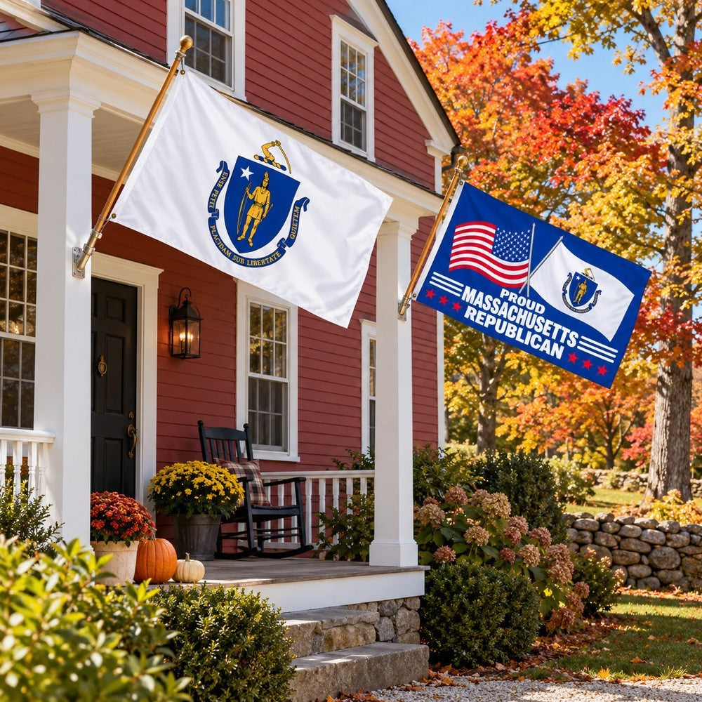Massachusetts State Flag and Proud Massachusetts Republican Flag 3x5 2-Pack displayed outdoors