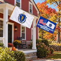 Massachusetts State Flag and Proud Massachusetts Republican Flag 3x5 2-Pack displayed outdoors