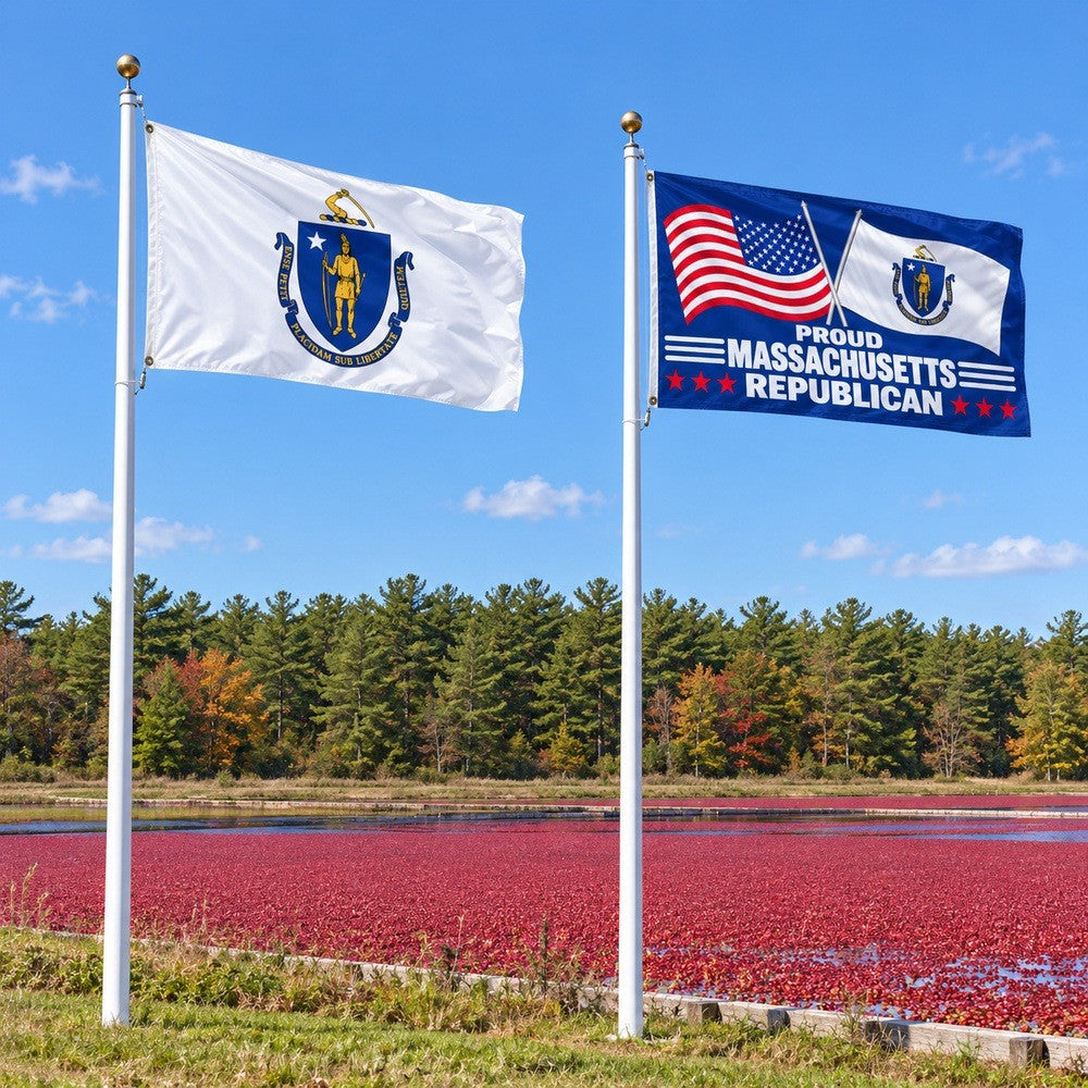 Massachusetts State Flag and Proud Massachusetts Republican Flag 3x5 2-Pack displayed outdoors