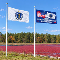 Massachusetts State Flag and Proud Massachusetts Republican Flag 3x5 2-Pack displayed outdoors