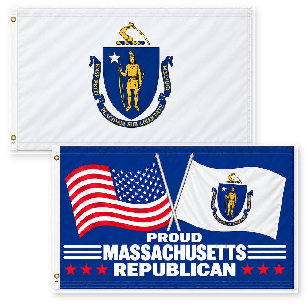 Massachusetts State Flag and Proud Massachusetts Republican Flag 3x5 2-Pack