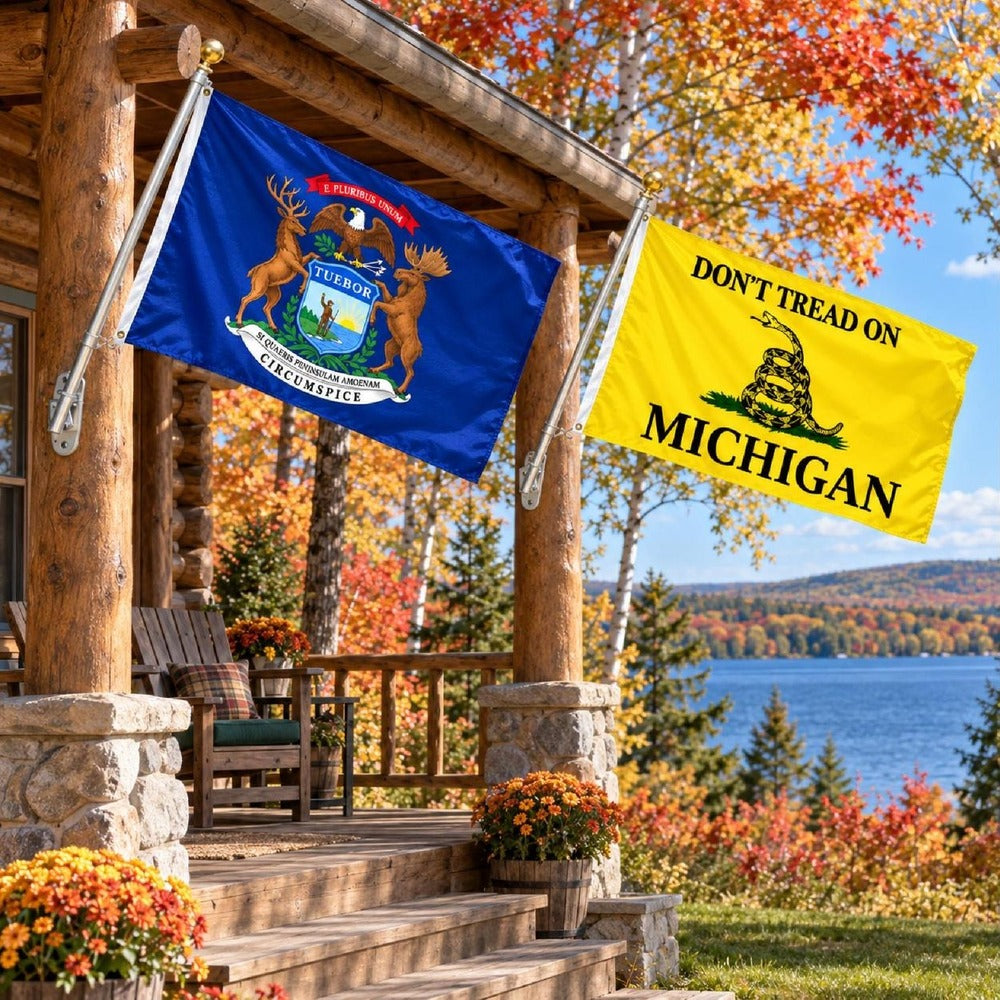 Michigan State Flag and Don't Tread on Michigan Flag 3x5 2-Pack displayed outdoors