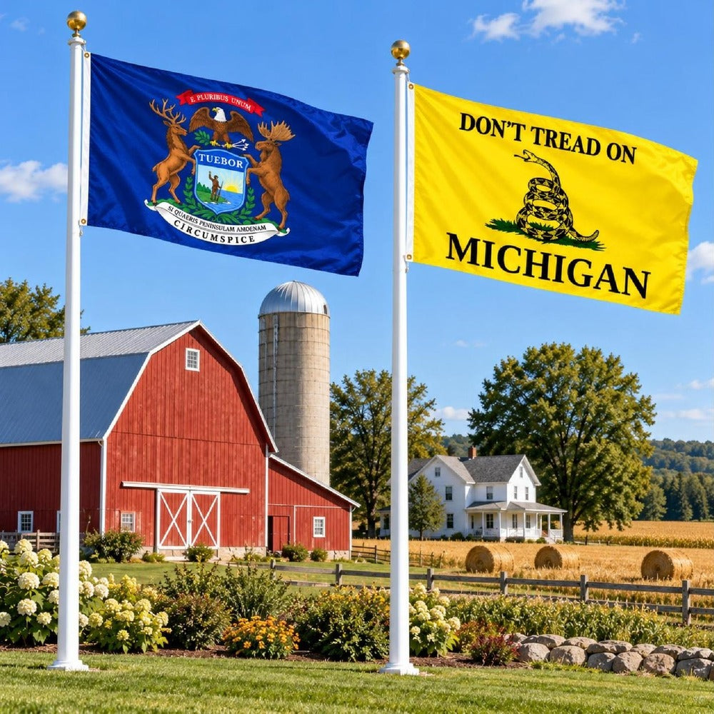 Michigan State Flag and Don't Tread on Michigan Flag 3x5 2-Pack displayed outdoors
