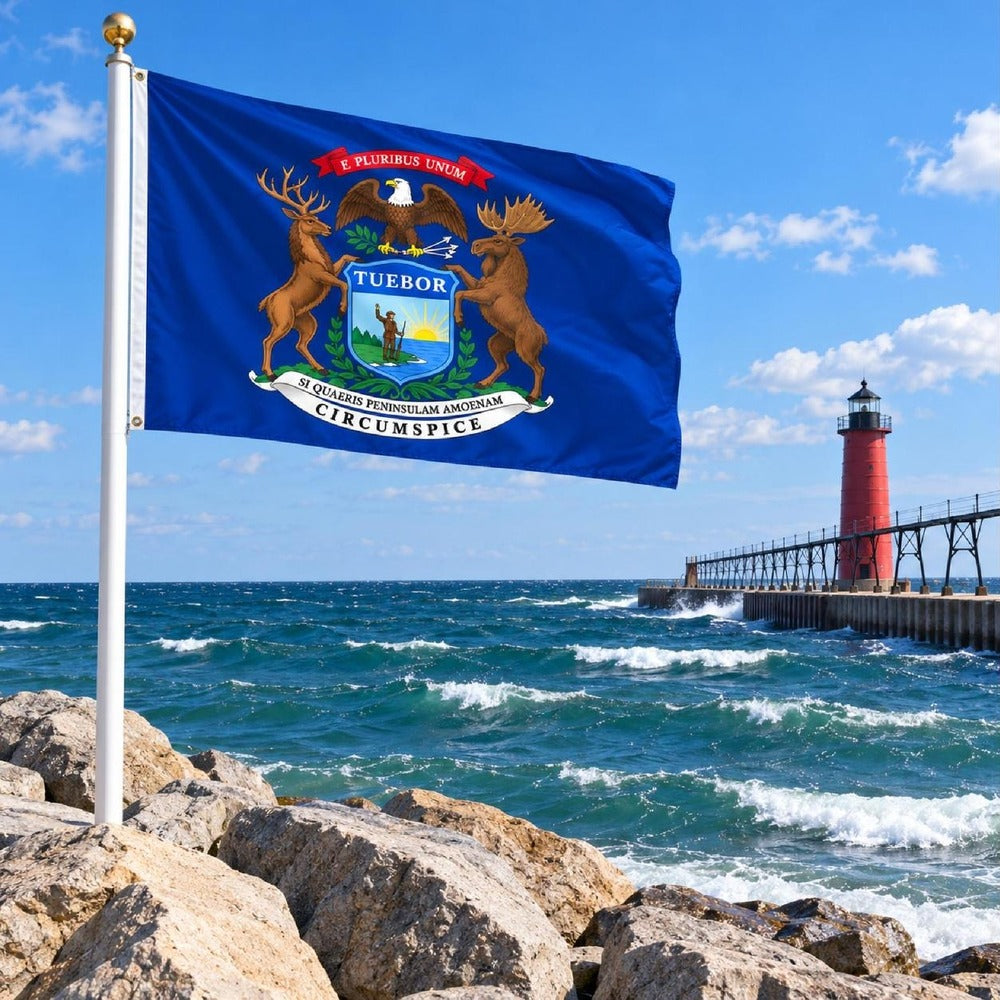 Michigan State Flag 3x5 displayed outdoors