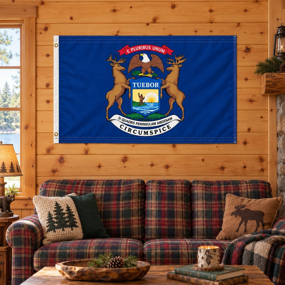 Michigan State Flag 3x5 displayed outdoors